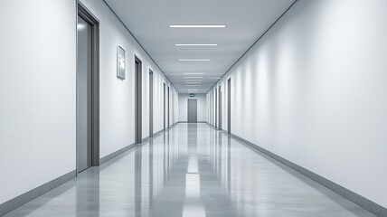 Obraz premium Modern hallway with sleek design, featuring multiple doors and bright lighting, perfect for corporate or minimalist settings.