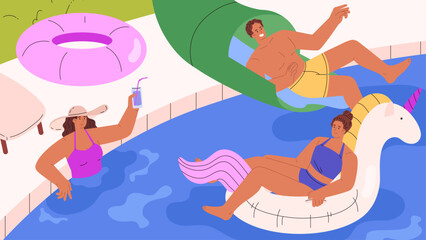 People in water park, enjoy aquapark, vector woman resting on inflatable unicorn, drinking a cocktail in swimming pool