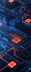 Abstract digital circuit with glowing lines and nodes, showcasing advanced technology and modern connectivity.