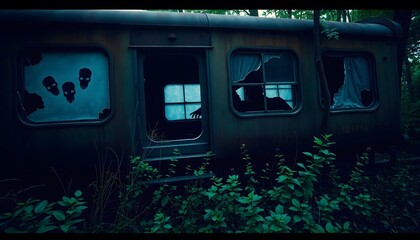 Abandoned Train Car with Creepy Shadows Inside