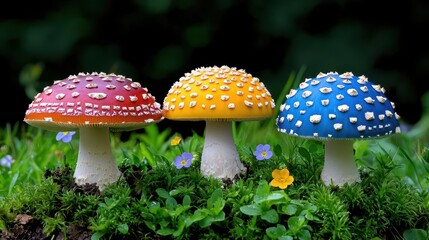 Obraz premium A photostock images of various mushrooms in a field with vibrant greenery and small wildflowers