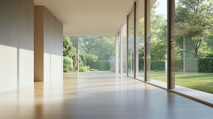 Obraz premium Modern interior space with large windows, bright light, and a view of lush greenery outside, creating an inviting atmosphere.