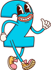 Math number two groovy character. Cartoon cute funny digit personage with blue body and big smile. Isolated vector educational playful or cheerful 2 sign for kids preschool education, game or learning