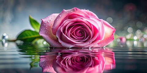 Pink Rose Floating On Water With Dew Drops