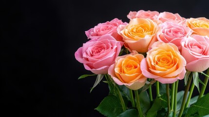 Fototapeta premium A bouquet of colorful roses in full bloom, set against a soft black background