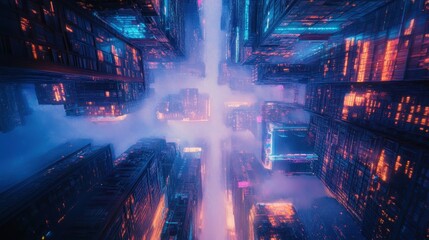Obraz premium A Futuristic Cityscape with Tall Buildings and Neon Lights