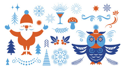 Set of Christmas design elements, isolated vector illustrations of Santa, snowflakes, decorative ornaments, a cute owl