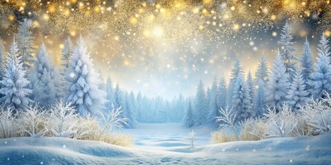 Fototapeta premium A winter wonderland, sparkling with a magical glow, as snow-laden trees stand tall and proud, framing a peaceful, snow-covered landscape