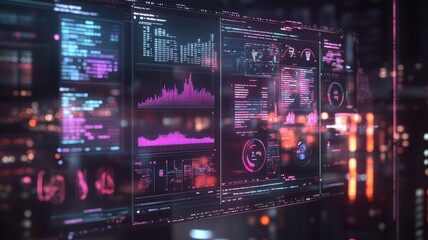 Futuristic data visualization on digital screens with glowing elements.