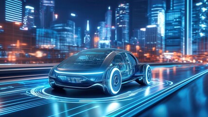 Fototapeta premium Futuristic electric car, illuminated design, cityscape at night, innovative transportation.