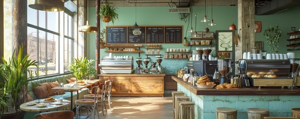 A green-certified coffee shop with furniture made from upcycled materials, serving fair-trade coffee and organic pastries