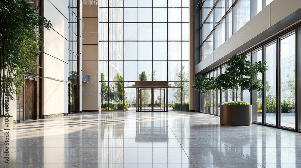 Poster modern lobby with large windows, greenery, and polished floors, creating an inviting atmosphere in a