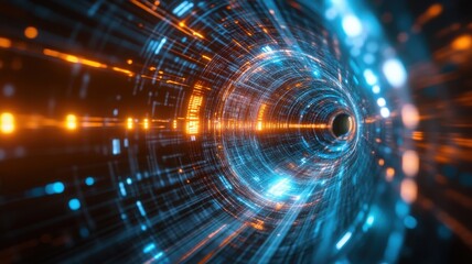 Futuristic tunnel with glowing lights, vibrant blue and orange colors, abstract design.