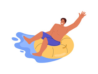 Happy man sliding down a water slide on inflatable circle in waterpark vector illustration, enjoy aquapark swimming pool