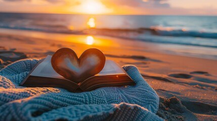 Fototapeta premium A heart shaped book resting on a beach towel at sunset