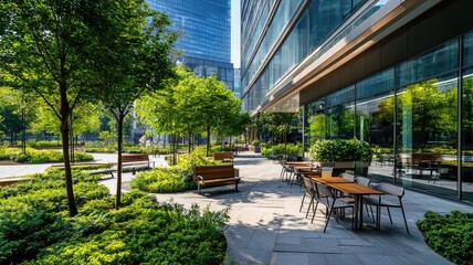 Modern office building with a landscaped courtyard featuring benches and tables for outdoor seating.