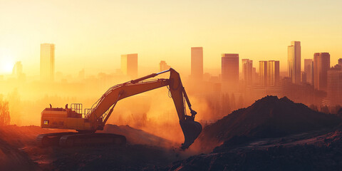  Excavator Operating at Construction Site During Sunset
