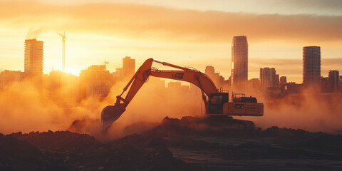  Excavator Operating at Construction Site During Sunset