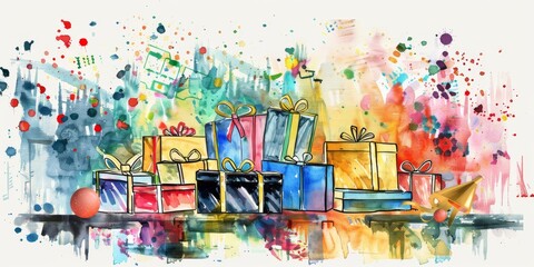 Fototapeta premium Colorful Watercolor Painting of Gift Boxes with Abstract Background and Splashes of Paint