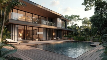 Fototapeta premium Modern villa with pool surrounded by lush greenery, showcasing elegant architecture and serene outdoor living space.