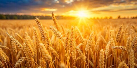 Naklejka premium Golden Wheat Field Basking in the Glow of a Sunset