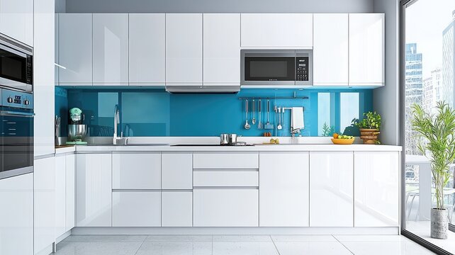 Modern white kitchen with blue backsplash and stainless steel appliances.