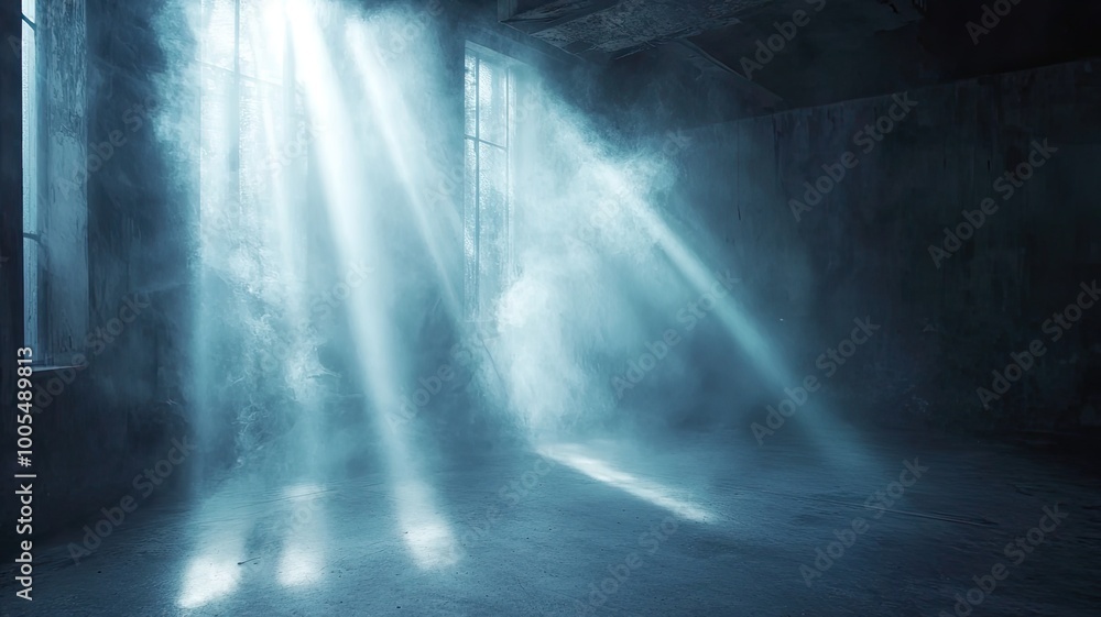 Poster mysterious light beams shine through a dusty room, creating an ethereal atmosphere filled with encha