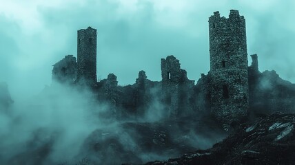 Fototapeta premium Mysterious ruins emerge from swirling fog, creating an eerie atmosphere around ancient stone towers in a haunting landscape.