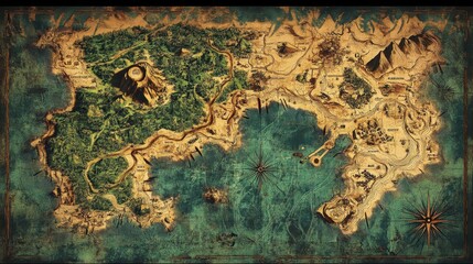 Naklejka premium An Old, Detailed, Hand-Drawn Map of a Fictional Island with Terrain Features