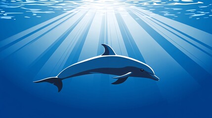 Fototapeta premium A single dolphin swims through a beam of sunlight shining through the water.