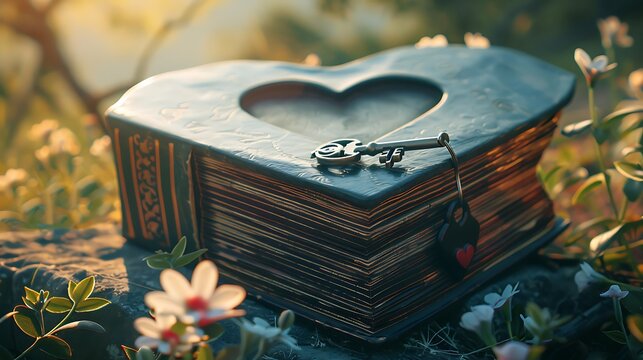 A heart shaped book with lock and key at sunny day