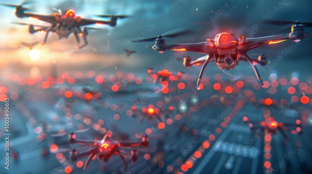 Poster swarm of robotic security drones in action