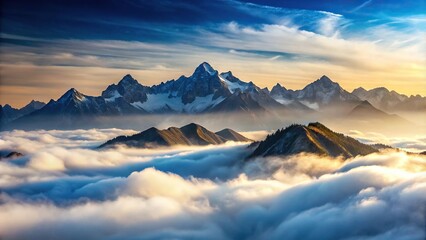 Panoramic misty mountainscape with peaks emerging from clouds