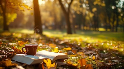 A hot coffee cup next to well read book in a quiet park