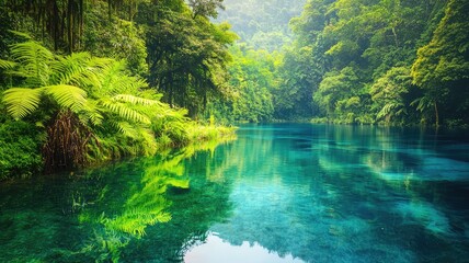 Serene forest landscape with clear water reflecting lush greenery, creating a tranquil and captivating nature scene.