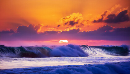 Fototapeta premium A sunset at the beach with an ocean wave; a rough-hued wave crashes down as the sun sets.