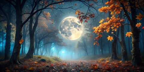 Enchanted Forest Path bathed in Moonlight, Autumn Leaves Falling, Mystical Fog