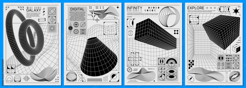 Poster brutalism posters with y2k shapes and 3d retro figures. vector vertical cards present black and whit