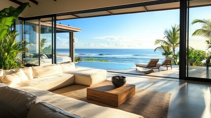 Fototapeta premium Stunning modern living room with ocean view, featuring large glass windows and stylish furniture, perfect for relaxation.