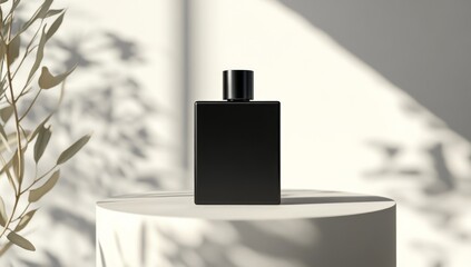 aesthetic black perfume bottle mockup on podium against white wall with shadow 