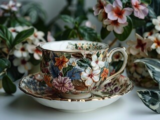 Fototapeta premium Elegant Floral Tea Cup and Saucer with Gold Trim