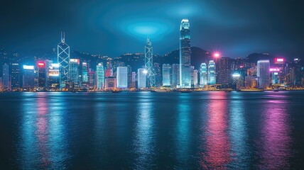 Stunning night view of Hong Kong skyline illuminated by vibrant lights reflecting on serene water, showcasing urban beauty.