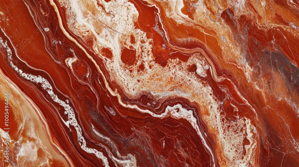 Poster a close-up view of vibrant red and orange agate stone with intricate patterns.