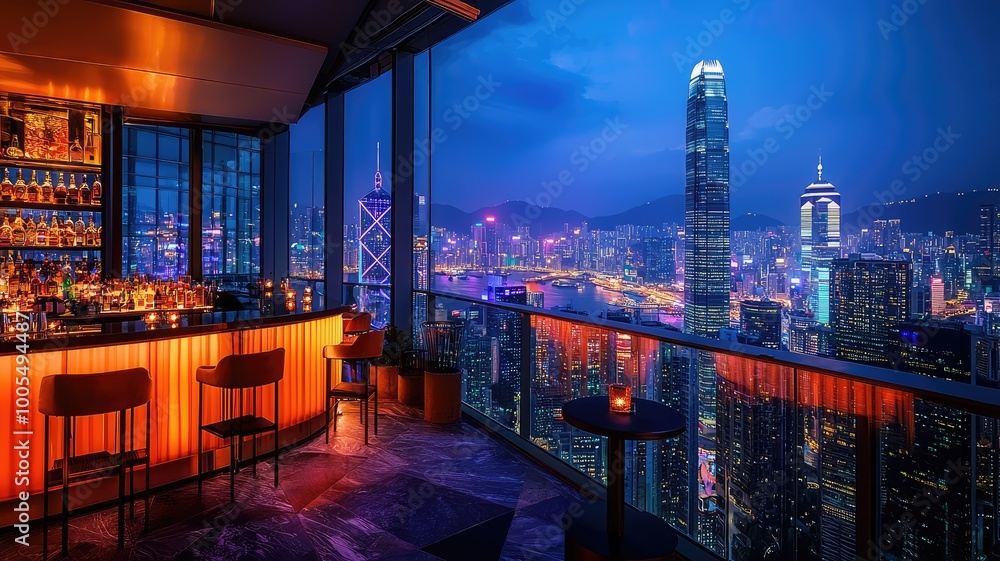 Wall mural stunning skyline view from a high-rise bar at night, showcasing city lights and modern architecture,