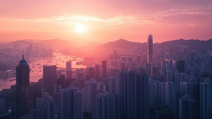 Fototapeta premium Stunning skyline at sunset, showcasing vibrant colors and modern architecture of a bustling city with serene waters.