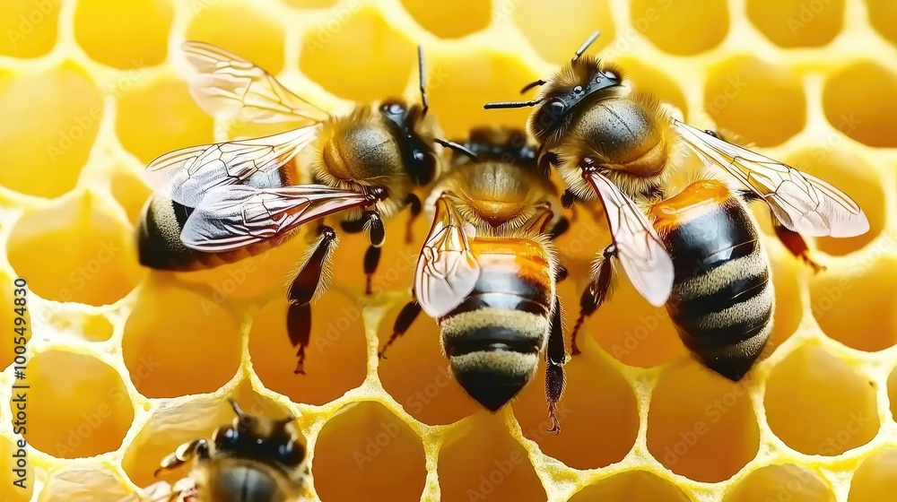 Fototapete bees buzzing around a honeycomb in a hive, close-up macro shot of the natural process