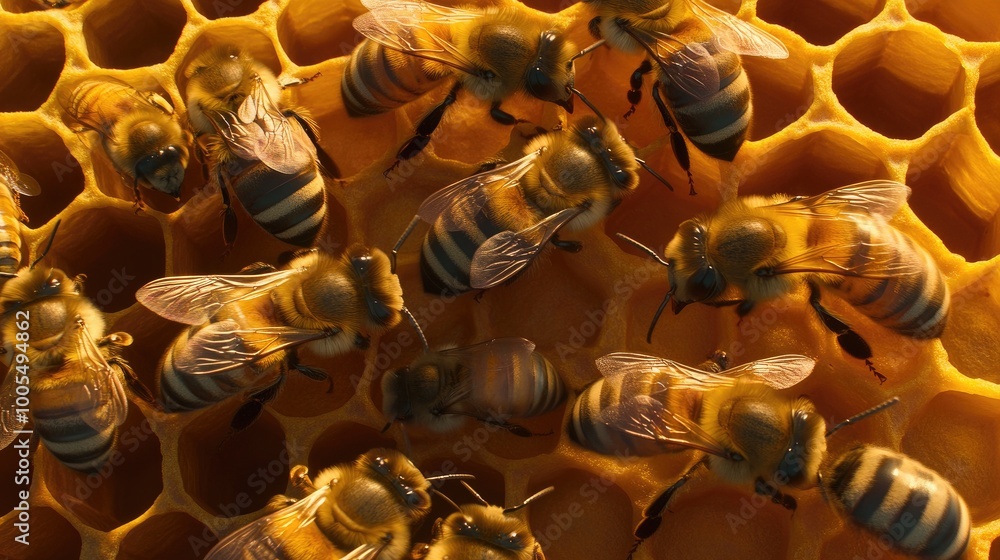 Fototapete bees buzzing around a honeycomb in a hive, close-up macro shot of the natural process