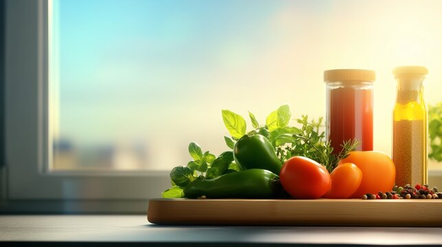 A kitchen countertop with a vibrant array of spices, herbs, and fresh ingredients, ready for cooking, enhanced by sunlight pouring in through the window.