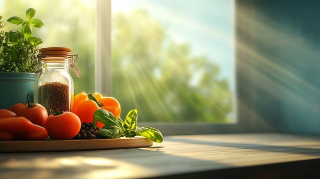 A kitchen countertop with a vibrant array of spices, herbs, and fresh ingredients, ready for cooking, enhanced by sunlight pouring in through the window. 