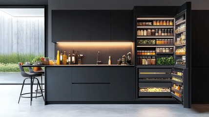 Stylish modern kitchen with minimalistic design, featuring a sleek refrigerator and elegant lighting, perfect for contemporary homes.